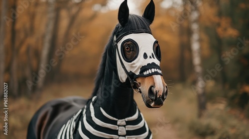 Horse dressed as a skeleton trotting through a spooky forest, Halloween horse, eerie equine costume
