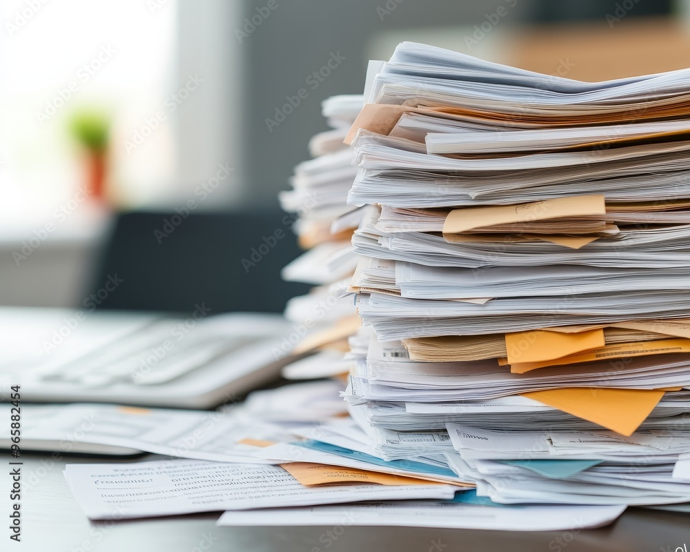 A large stack of paperwork sits on a desk, representing the overwhelming amount of work in an office environment. A large stack of paperwork sits on a desk, representing the overwhelming amount of work in an office environment.