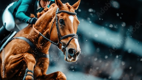 A horse, mid-jump with its rider during an equestrian event, captured to reflect athleticism, partnership and precision essential in high-level horse jumping competitions. photo