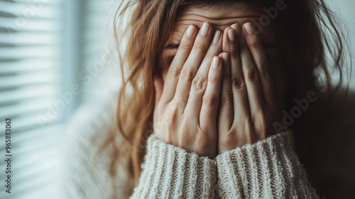 Close-up view of a woman wearing a gray sweater, covering her face with her hands, expressing sorrow or anxiety. The soft light subtlety illuminates her emotional state. photo