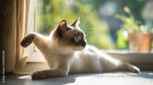 A serene cat lounging in sunlight by a window, showcasing its relaxed demeanor.