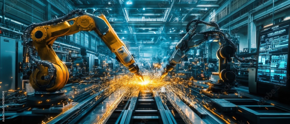 Cutting-edge welding machine in a futuristic industrial space, surrounded by automated robots and holographic projections of schematics Cutting-edge welding machine in a futuristic industrial space, surrounded by automated robots and holographic projections of schematics