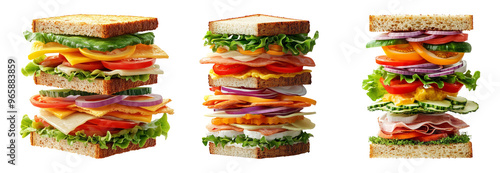 Three layered sandwiches with various fillings isolated on transparent background