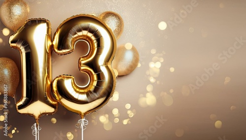 Banner with number 13 golden balloons with copy space