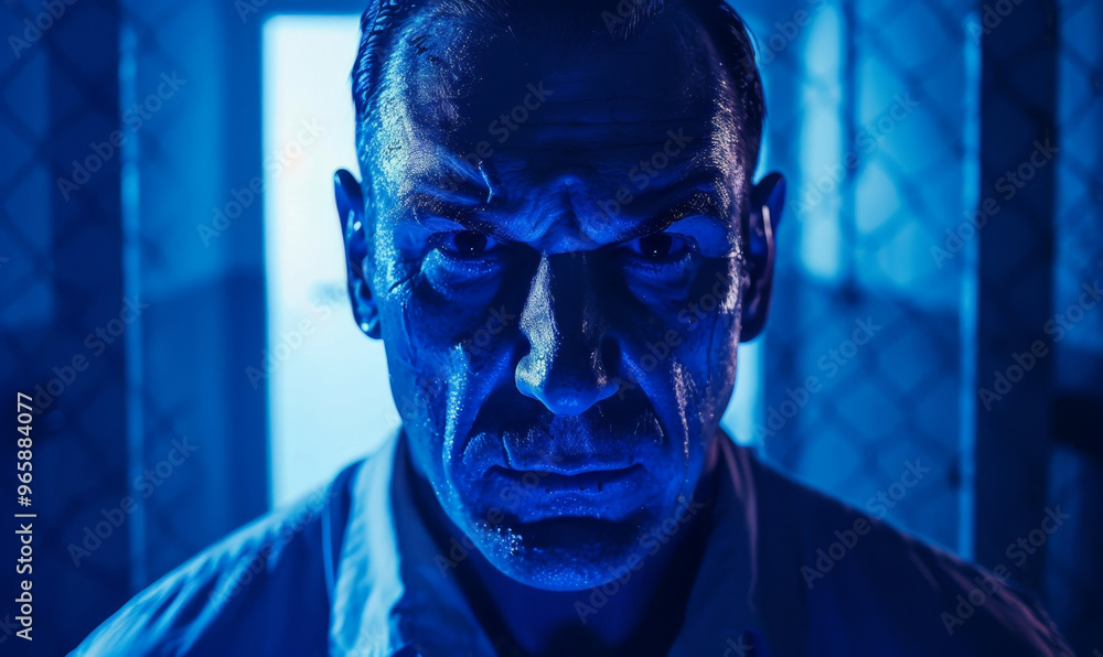 Prisoner stands in prison cell, looks at camera. Criminal serves imprisonment term for crime in jail. Depressed inmate in detention center. Portrait Prisoner stands in prison cell, looks at camera. Criminal serves imprisonment term for crime in jail. Depressed inmate in detention center. Portrait