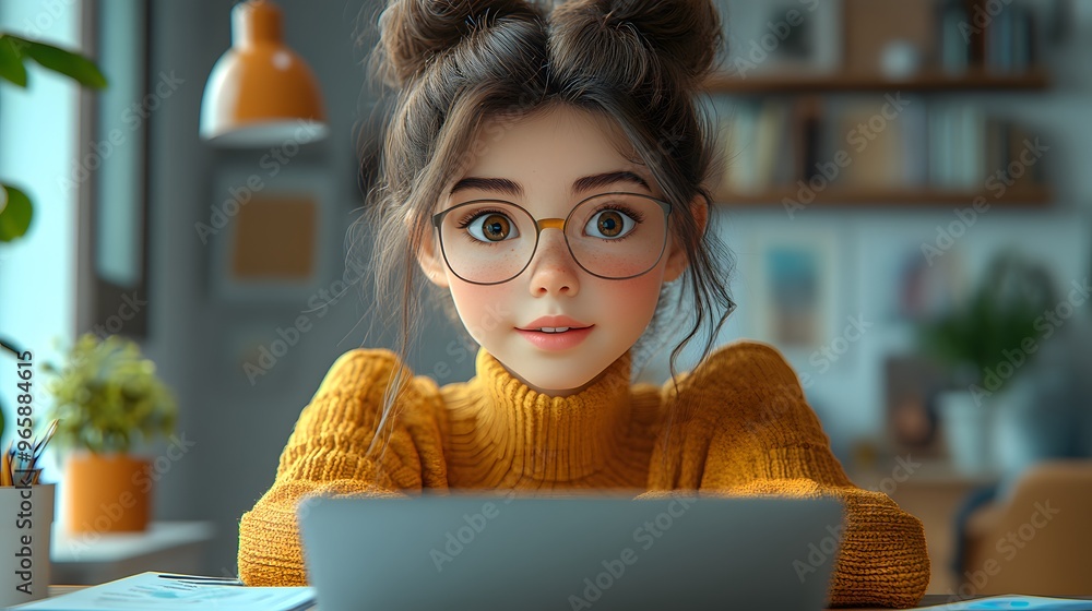A 3D animated young girl looking at her laptop screen attentively during an online class, with educational materials scattered across her desk. The setting features modern furniture and soft colors, A 3D animated young girl looking at her laptop screen attentively during an online class, with educational materials scattered across her desk. The setting features modern furniture and soft colors,