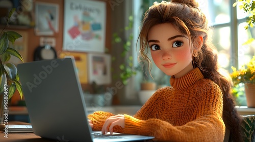 A 3D animated young girl studying online with a laptop, seated in a bright and cozy study nook. The scene features educational posters, notebooks, and a modern laptop setup, emphasizing a positive photo