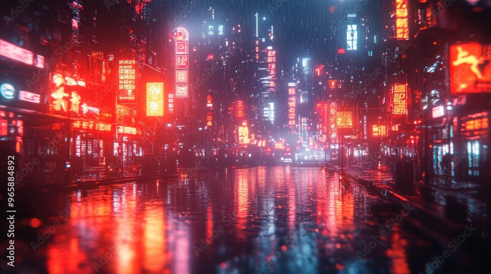 Neon-lit urban scene in the rain with reflective surfaces. Neon-lit urban scene in the rain with reflective surfaces.