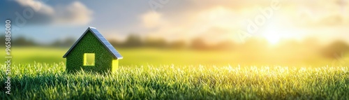 Sustainable home with solar panels and green insulation, merging energy-efficient technology with a natural landscape