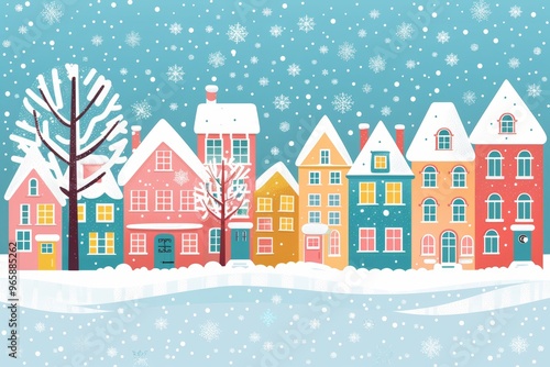 Christmas Card With Cute Colorful Houses in Winter. Snowy Town Landscape. Vector Illustration.