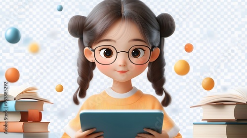 A young girl in 3D animation, using a tablet for online learning. The transparent background allows focus on her studying posture, with books and stationery subtly placed in the air.