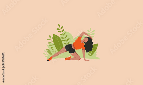 A woman doing yoga or stretching exercises in outdoor nature.