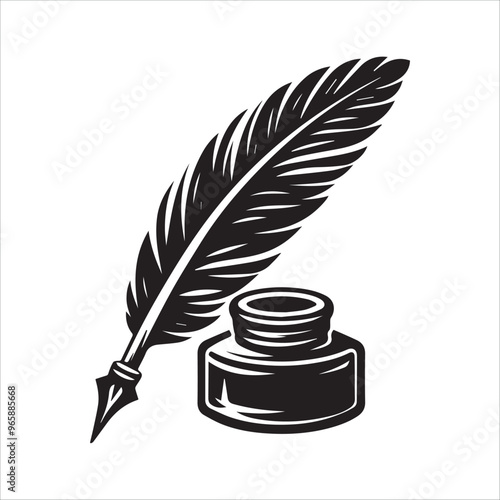 Quill pen with inkwell vector illustation silhouette