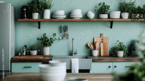 A refreshing mint-green kitchen showcases open wooden shelves filled with white dishes and potted green plants, creating a harmonious and inviting space, with utensils hanging above a deep sink.