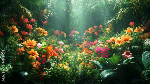 A lush green jungle with a variety of colorful flowers