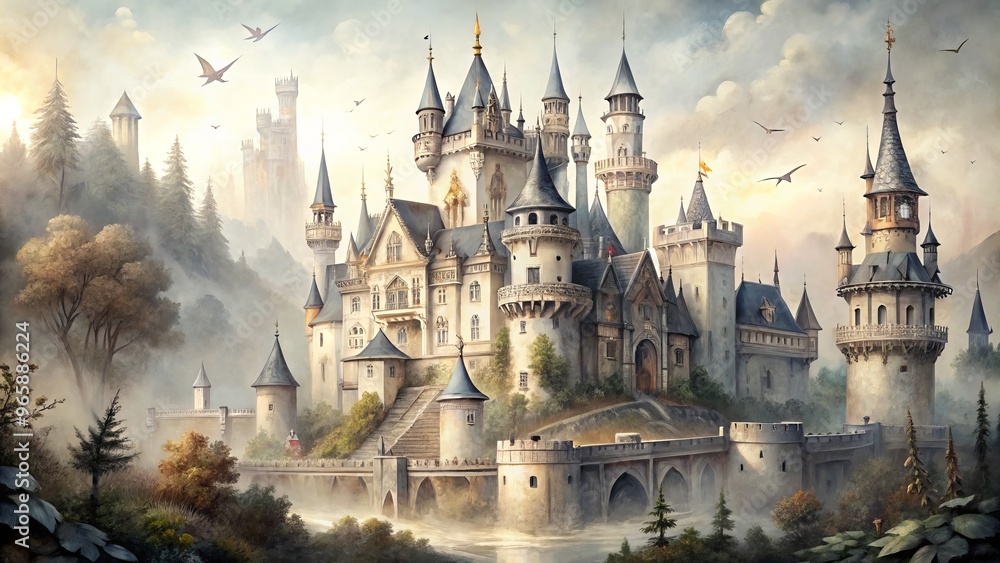 Obraz premium delicate drawn watercolor castle architecture intricate stone carvings ornate details soft gray and cream color palette ethereal misty morning landscape subtle texture playing cards