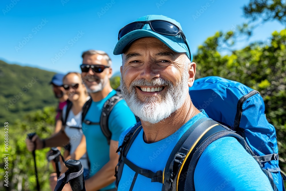 Senior group on a nature hike, walking sticks in hand stay active and explore the beauty of the outdoors together Senior group on a nature hike, walking sticks in hand stay active and explore the beauty of the outdoors together