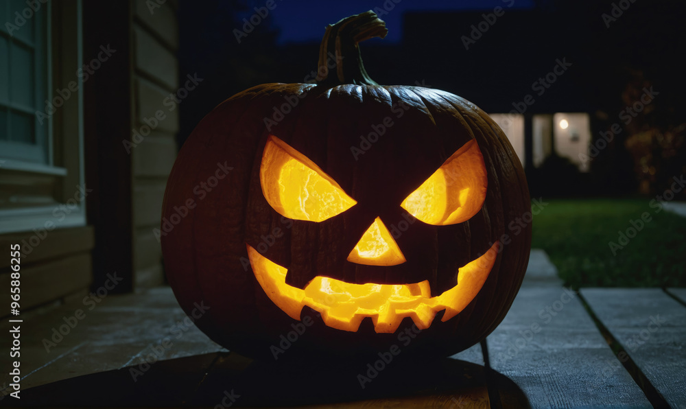 A carved pumpkin with a menacing grin sits on a porch step, lit from within and casting an eerie glow A carved pumpkin with a menacing grin sits on a porch step, lit from within and casting an eerie glow
