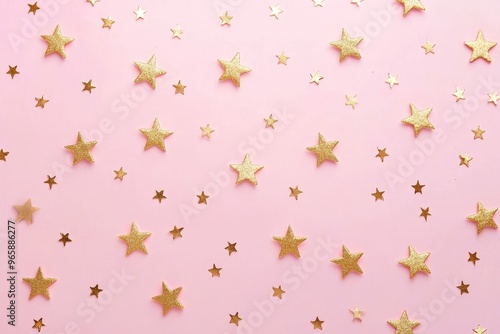 An all-over confetti pattern of gold stars on a light rose background