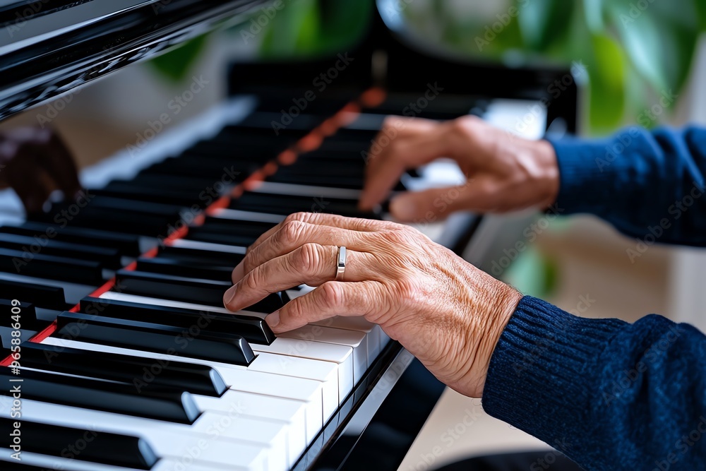 Obraz premium Senior man playing the piano, fingers gracefully gliding across the keys finds joy and fulfillment in the timeless art of music