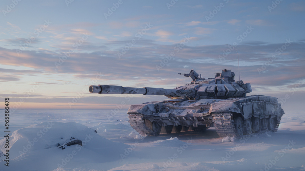 A tank on a winter battlefield stands in the snow during the day. A tank on a winter battlefield stands in the snow during the day.