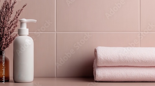 A collection of skincare essentials including a white pump bottle, brown vase with dry plant, and folded pink towels on a countertop with light pink tiled background.