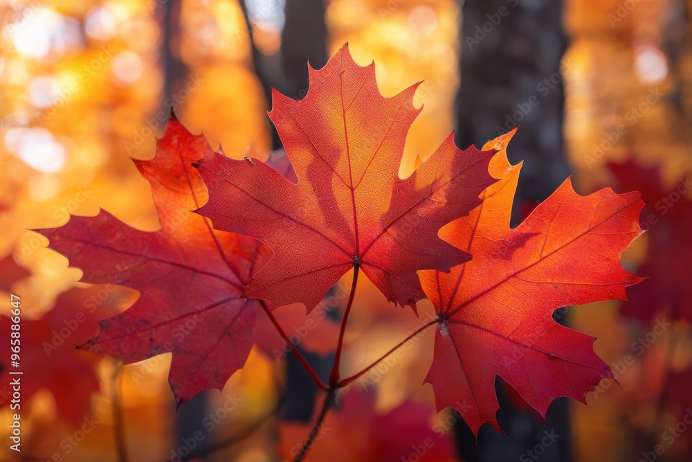 Fototapeta premium Vibrant red and orange autumn maple leaves on a tree branch with dark bark in the forest, Ai Generation