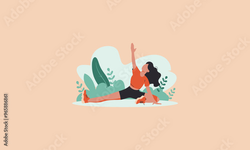 A woman doing yoga or stretching exercises in outdoor nature.