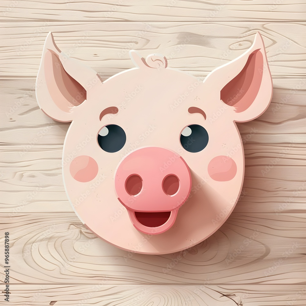 Whimsical Pink Pig Icon with Friendly Expression on Minimalist Wooden Surface Whimsical Pink Pig Icon with Friendly Expression on Minimalist Wooden Surface