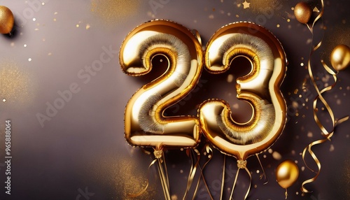 Banner with number 23 golden balloons with copy space