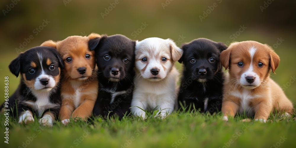 Obraz premium A group of puppies are sitting in a field, with some of them being brown and white. The puppies are all looking at the camera, and they seem to be enjoying the moment