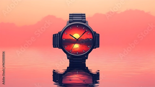 Japanese Anime-Style Watch Face Reflecting Sunrise Over Serene Lake photo