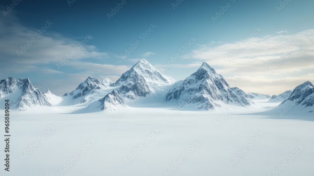 A breathtaking view of majestic snowy peaks soaring against a serene blue sky in a winter wonderland. A breathtaking view of majestic snowy peaks soaring against a serene blue sky in a winter wonderland.