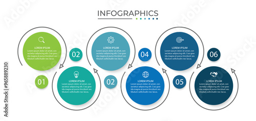 Business infographic thin line process with circle template design with icons and 6 options or steps.