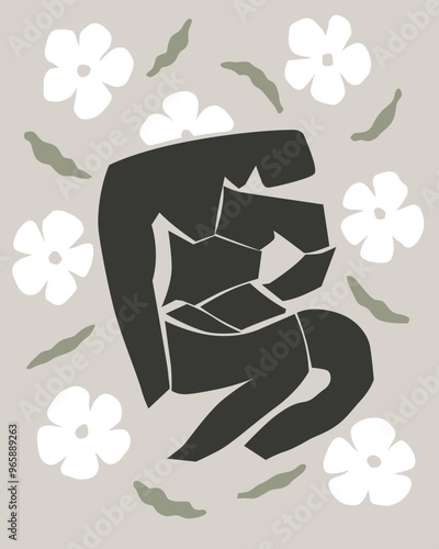 abstract contemporary silhouette of man drawing madagascar periwinkle flower in garden
