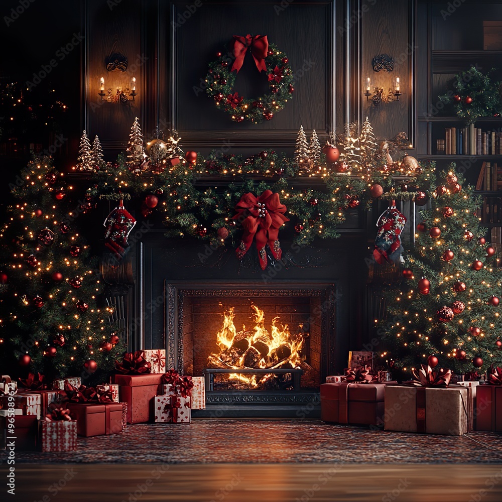 Warm and cozy fireplace with Christmas tree and sparkling ornament lights picture Warm and cozy fireplace with Christmas tree and sparkling ornament lights picture