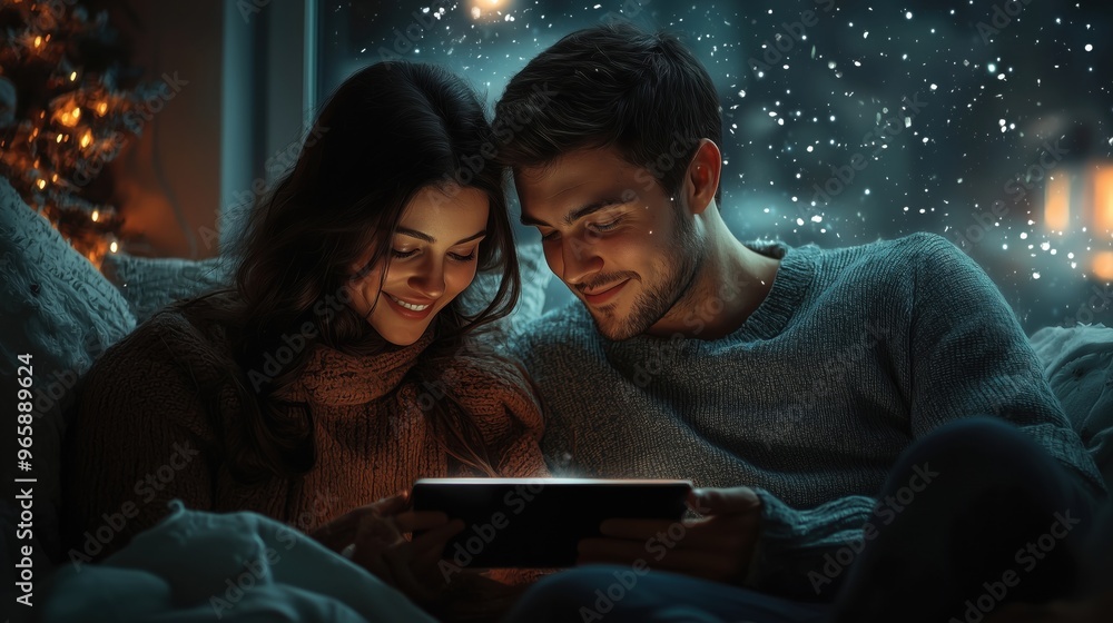 Cozy couple enjoying a romantic evening together while watching a tablet by the window during a snowy night. Cozy couple enjoying a romantic evening together while watching a tablet by the window during a snowy night.