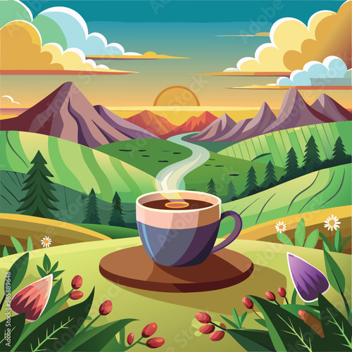 Cup of coffe illustation on the hill vector file,