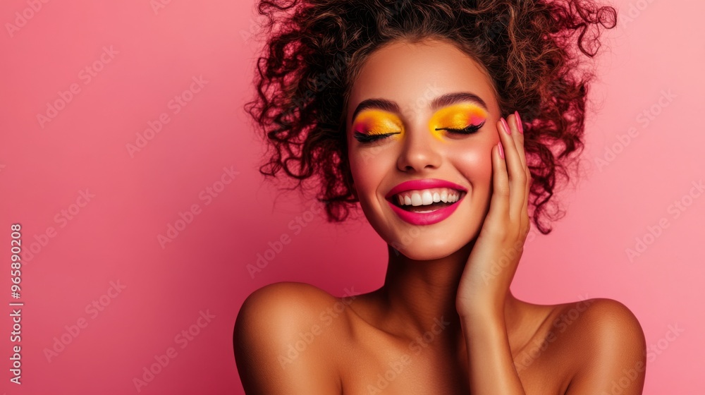 A beautiful woman showcasing vibrant makeup with a playful pose against a soft pink background, exuding confidence and elegance. A beautiful woman showcasing vibrant makeup with a playful pose against a soft pink background, exuding confidence and elegance.