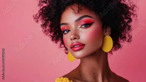 A beautiful woman showcasing vibrant makeup with a playful pose against a soft pink background, exuding confidence and elegance.