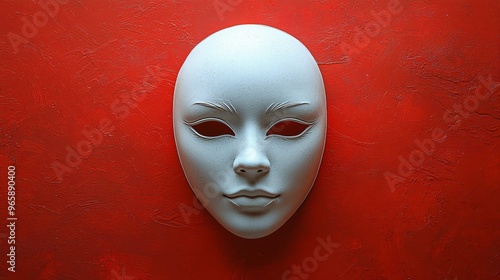 A haunting white theatrical mask on a vivid red background, perfect for Halloween-themed invitations, party decor, or promotional materials with copy space. photo