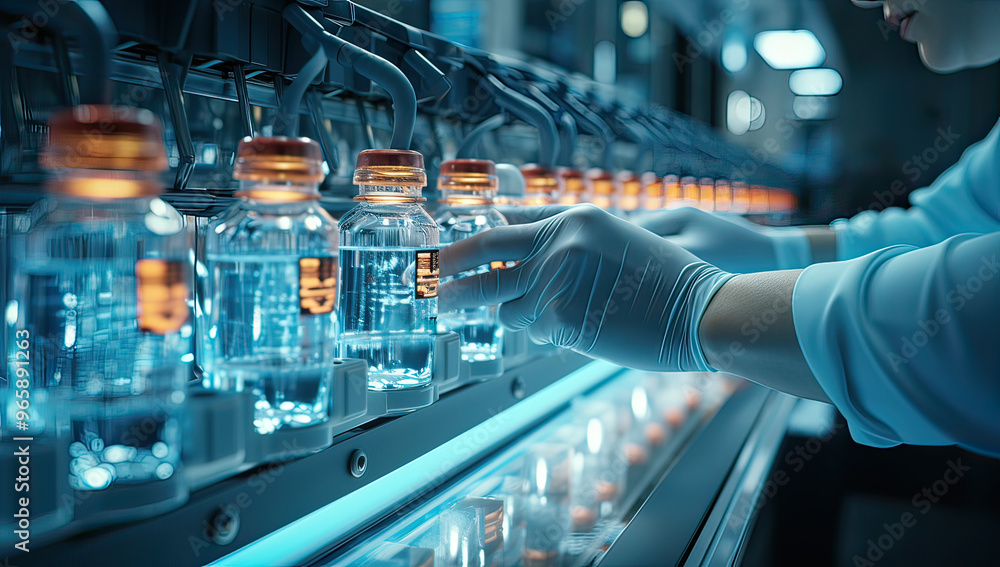 Pharmaceutical Manufacturing, Scientist Checks Bottles on Production Line Pharmaceutical Manufacturing, Scientist Checks Bottles on Production Line