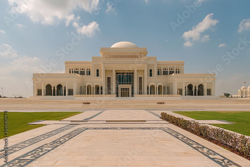 Qasr Al Watan Presidential Palace in Abu Dhabi showcases stunning architecture and grandeur. majestic building features intricate designs and beautiful landscape, inviting admiration and reflection photo