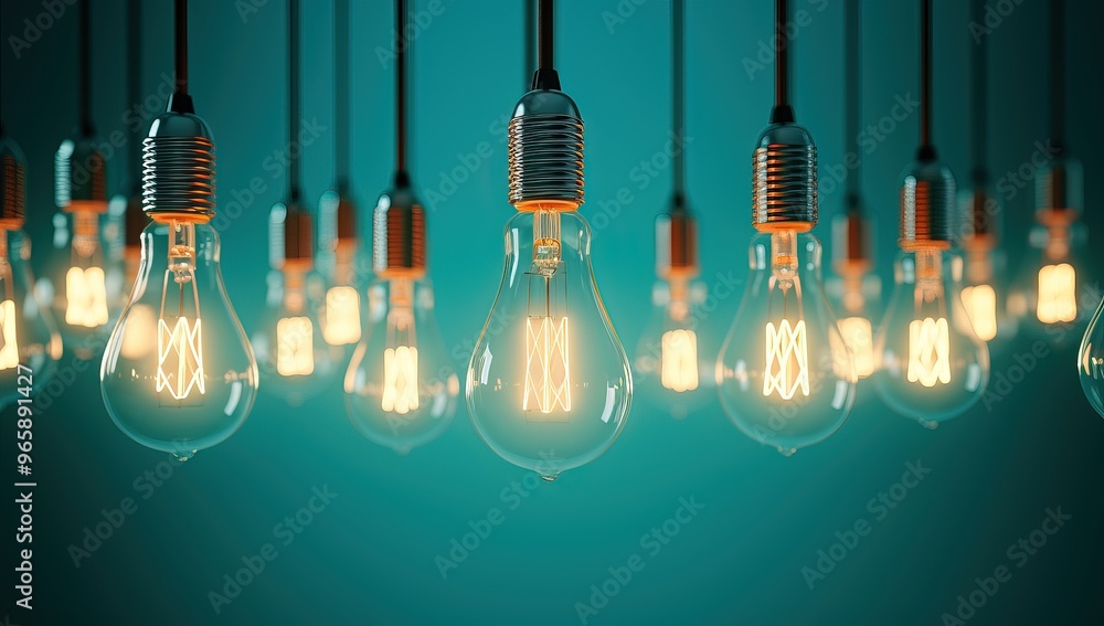 Row of glowing light bulbs on a teal background representing new ideas and inspiration Row of glowing light bulbs on a teal background representing new ideas and inspiration