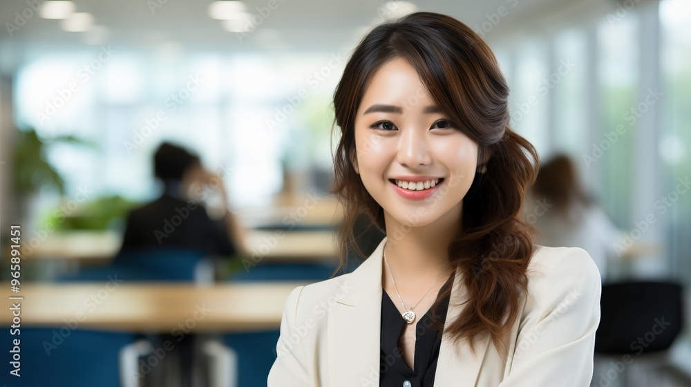 Confident Asian Businesswoman Smiling in Modern Office Confident Asian Businesswoman Smiling in Modern Office
