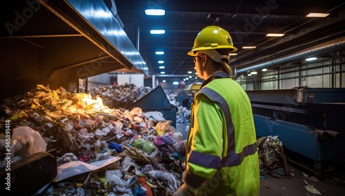 Waste management worker monitoring trash incineration in recycling plant
