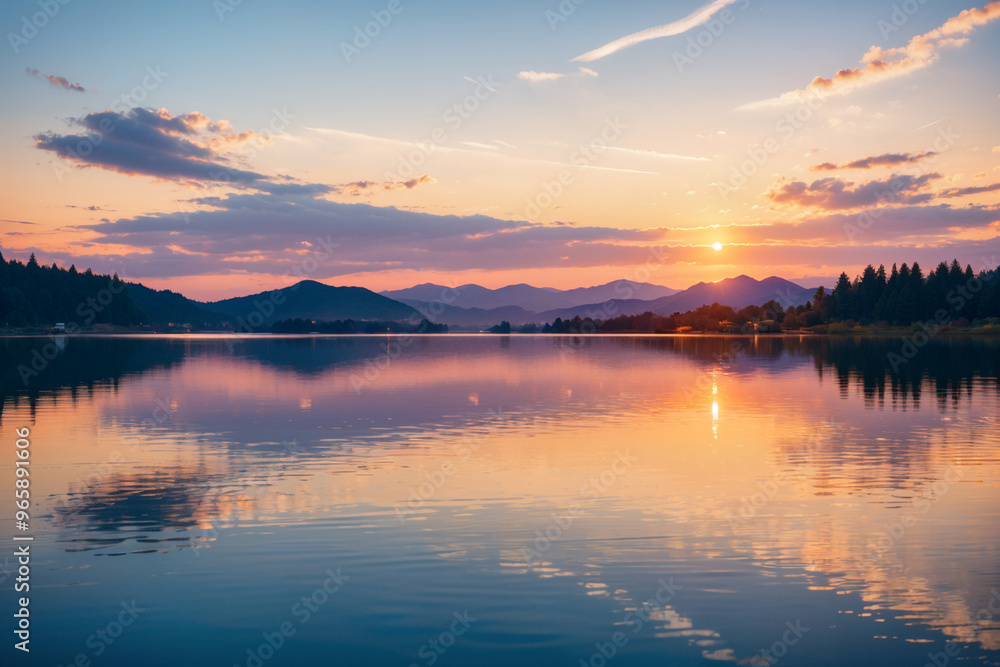 Fototapeta premium A beautiful sunset over a lake with mountains in the background