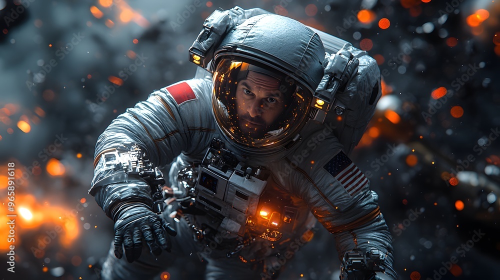 Close-up of a space station with a satellite and astronaut working in the vicinity, all set against a black space theme. 3D realistic rendering captures the sophisticated technology and detailed Close-up of a space station with a satellite and astronaut working in the vicinity, all set against a black space theme. 3D realistic rendering captures the sophisticated technology and detailed