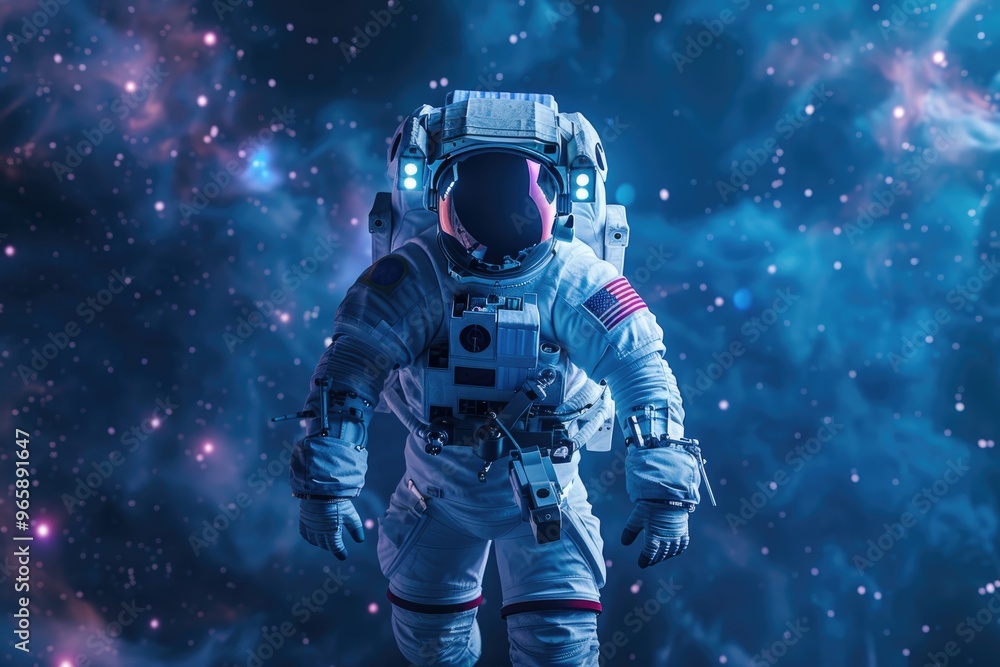 Astronaut in Space Suit Exploring Outer Space with Blue Nebula Background Astronaut in Space Suit Exploring Outer Space with Blue Nebula Background