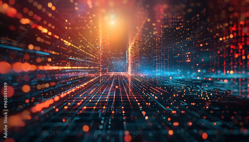 Futuristic concept artwork with digital grids and holographic effects, perfect for a modern presentation slide. Futuristic concept artwork with digital grids and holographic effects, perfect for a modern presentation slide.